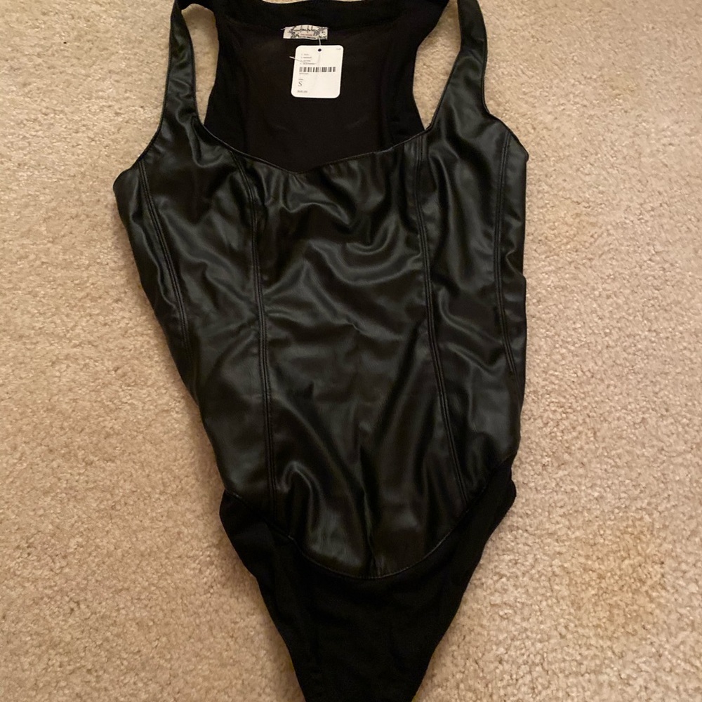 Leather and sheer back bodysuit